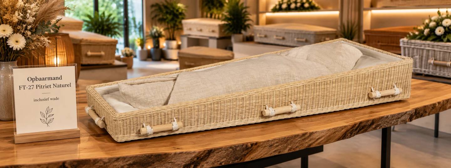Een open opbaarmand van gevlochten pitriet in naturel, met een linnen wade erin en houten staafgrepen aan wit touw