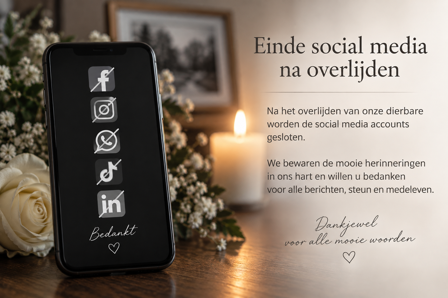 Een telefoon met doorgestreepte iconen van Facebook, Instagram, WhatsApp, TikTok en LinkedIn naast een kaars en witte bloemen, met een bedankbericht