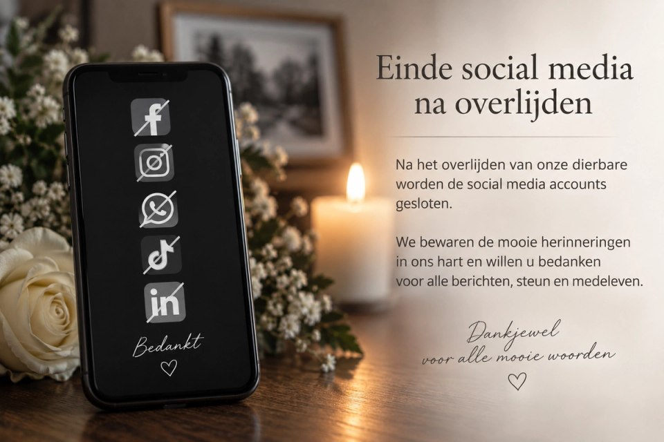 Een telefoon met doorgestreepte iconen van Facebook, Instagram, WhatsApp, TikTok en LinkedIn naast een kaars en witte bloemen, met een bedankbericht