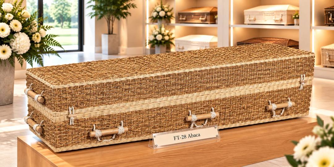 Een uitvaartmand van gevlochten abaca in bruin, rechthoekig met rechte hoeken en een lichte band rondom, met houten staafgrepen aan wit touw