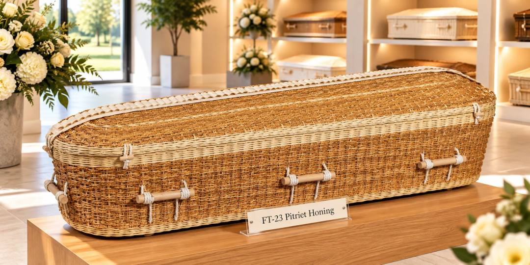 Een uitvaartmand van gevlochten pitriet in honingkleur, rechthoekig met afgeronde hoeken en een lichte gevlochten rand, met houten staafgrepen aan wit touw