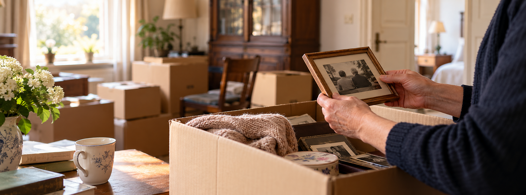 Een zonnige woonkamer vol verhuisdozen. Rechts houden twee oudere handen een houten fotolijstje vast met een zwart-witfoto van een oud stel op een bankje. In de open doos liggen een roze gebreid vest, een bloemetjesblik en oude foto’s; links staan witte bloemen en een kopje met blauw bloemmotief.