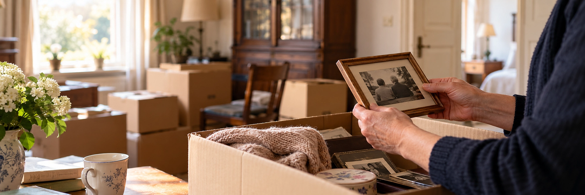 Een zonnige woonkamer vol verhuisdozen. Rechts houden twee oudere handen een houten fotolijstje vast met een zwart-witfoto van een oud stel op een bankje. In de open doos liggen een roze gebreid vest, een bloemetjesblik en oude foto’s; links staan witte bloemen en een kopje met blauw bloemmotief.