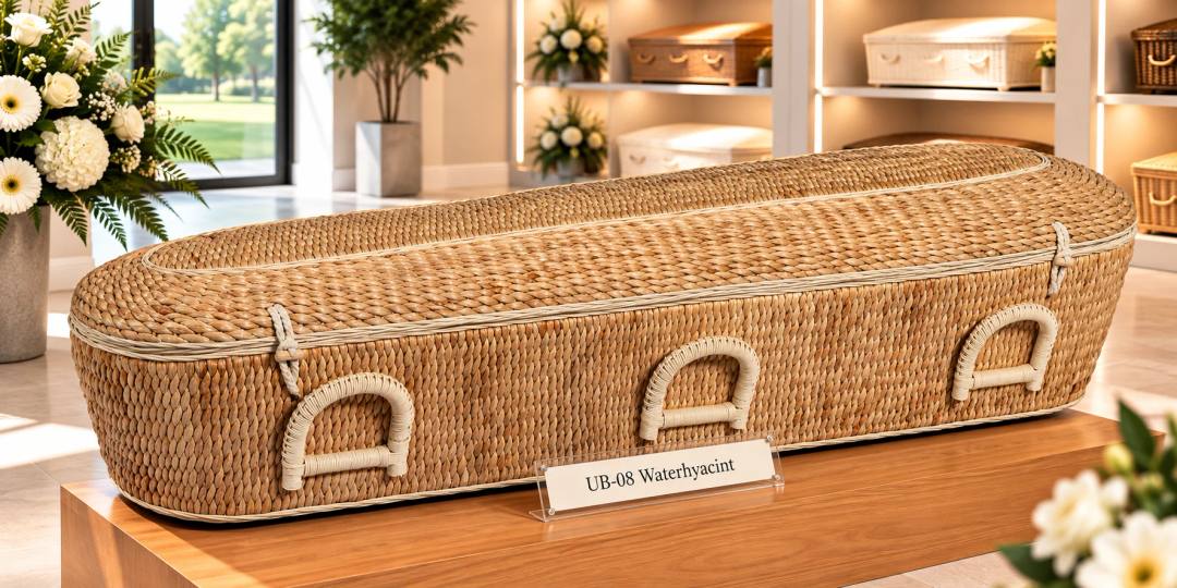 Een uitvaartmand van gevlochten waterhyacint in naturel, met afgeronde hoeken en een licht gewelfd deksel, met gevlochten beugelgrepen