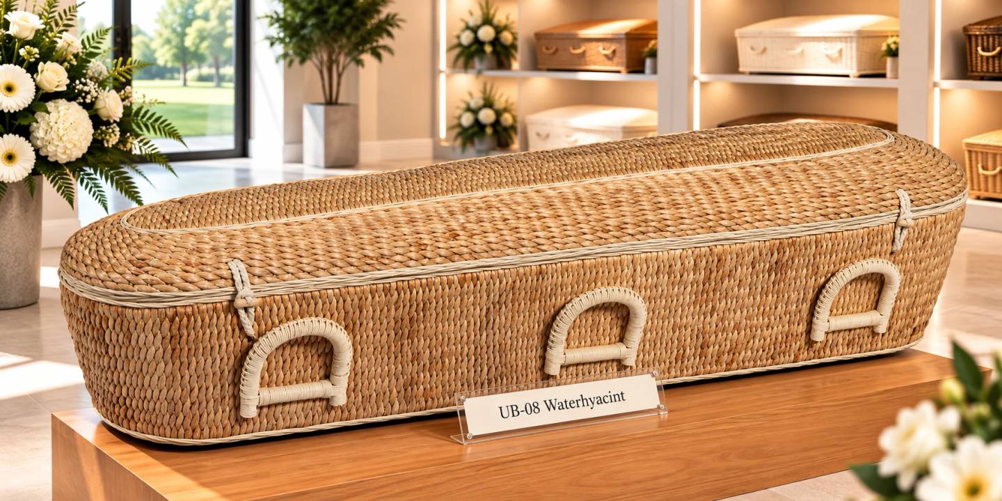 Een uitvaartmand van gevlochten waterhyacint in naturel, met afgeronde hoeken en een licht gewelfd deksel, met gevlochten beugelgrepen