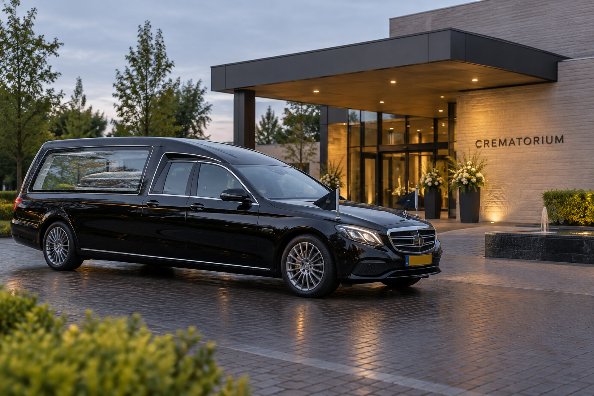 Een zwarte rouwauto voor de verlichte ingang van een crematorium, in de avond