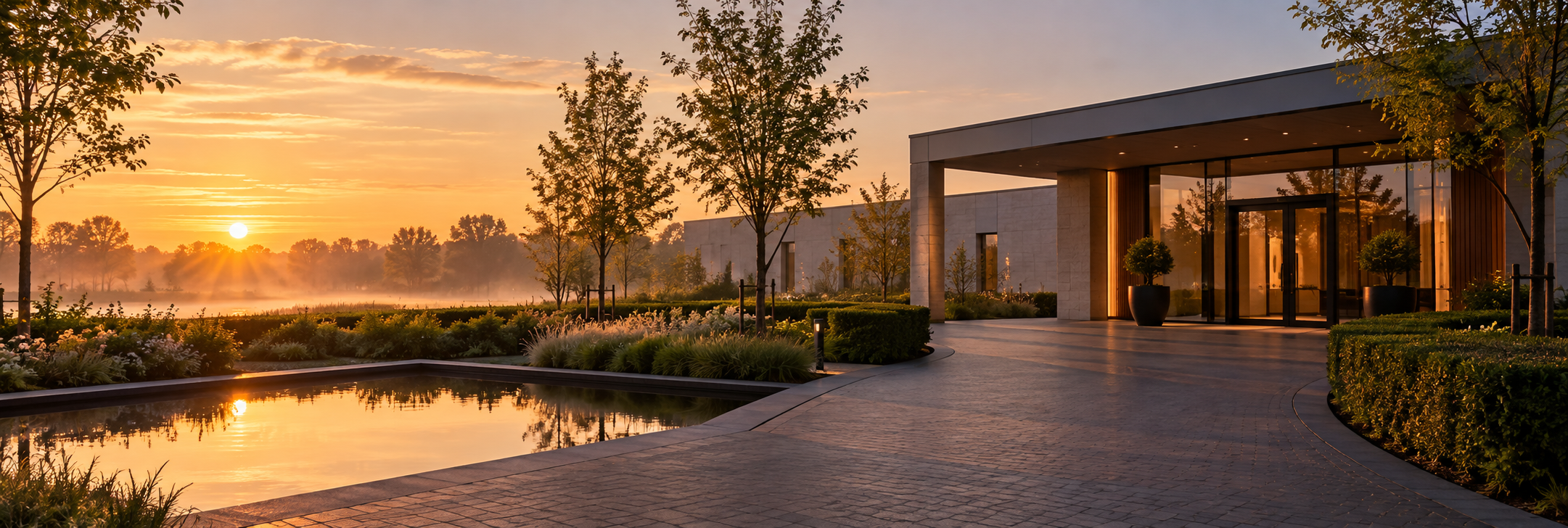 Zonsopgang boven een mistig meer met bomen. Op de voorgrond een vijver waarin de zon spiegelt, rechts een modern gebouw van lichte natuursteen met een glazen entree en een gestraat voorplein tussen hagen.