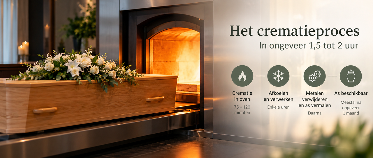 Het crematieproces, in ongeveer 1,5 tot 2 uur. Vier stappen: crematie in de oven (75 tot 120 minuten), afkoelen en verwerken (enkele uren), metalen verwijderen en as vermalen (daarna), as beschikbaar (meestal na ongeveer 1 maand). Links een eiken kist met witte bloemen voor een geopende oven.