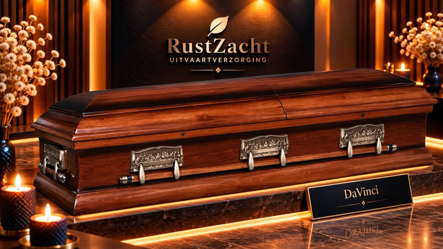 Roodbruine hoogglans uitvaartkist met zilveren sierlijke grepen