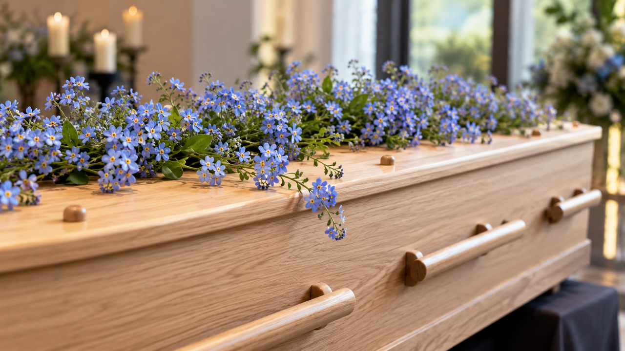 Een lichte eikenhouten uitvaartkist met houten handgrepen, met over het deksel een lange slinger blauwe vergeet-mij-nietjes; op de achtergrond kaarsen en een raam.