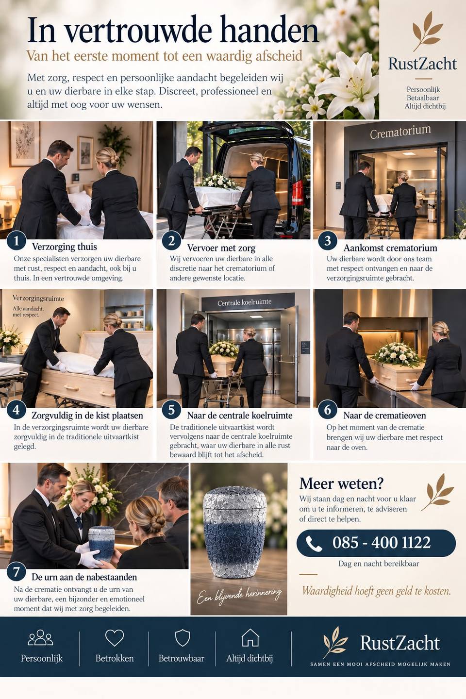 Poster In vertrouwde handen: zeven stappen van verzorging thuis, vervoer en aankomst in het crematorium tot het overhandigen van de urn aan de nabestaanden
