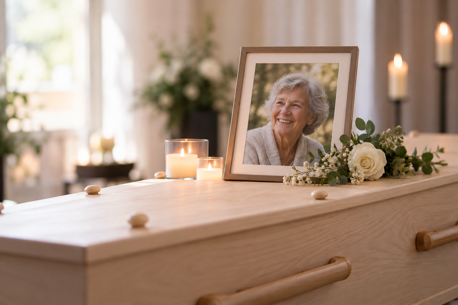 Een lichte houten kist met daarop een ingelijst portret van een lachende oudere vrouw met grijs haar, twee brandende waxinelichtjes en een witte roos.