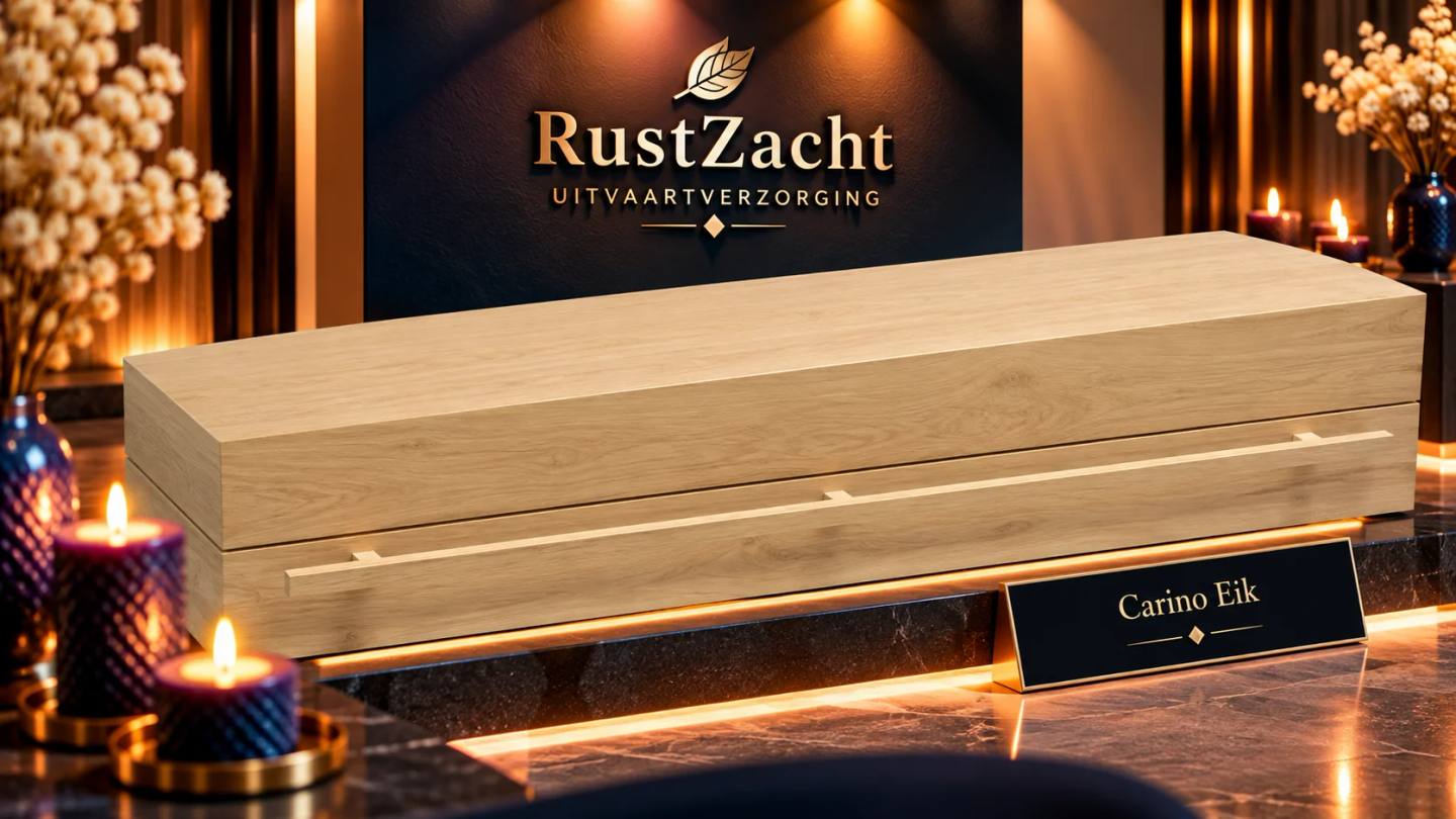 Strakke eikenhouten uitvaartkist met een dunne houten lat