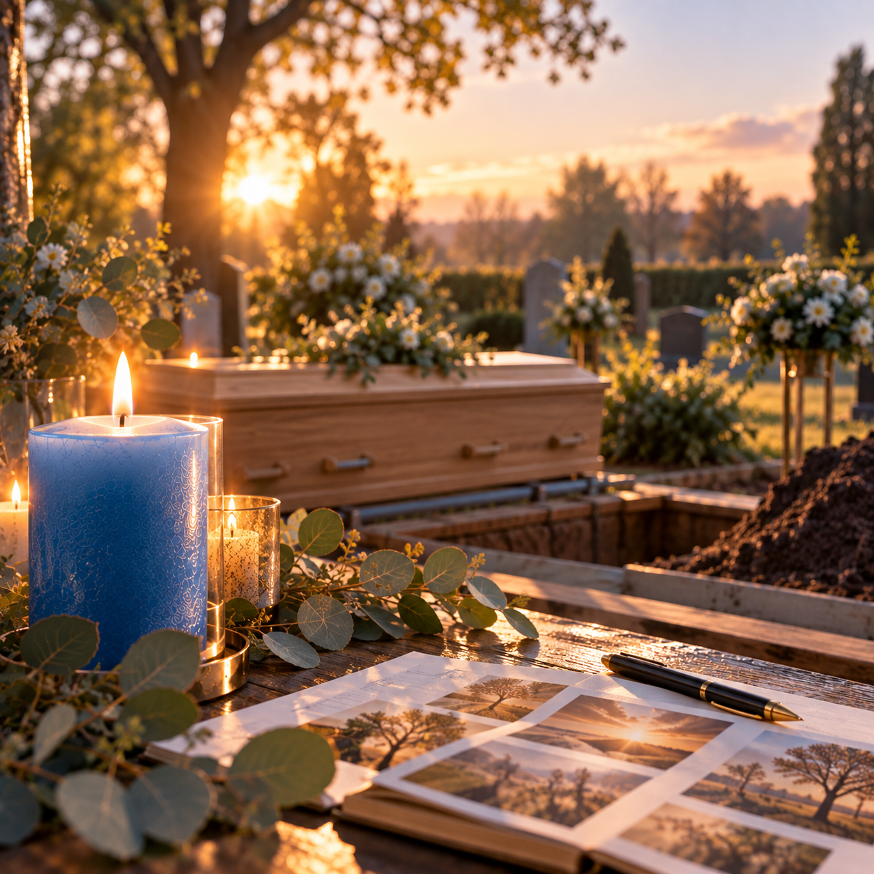Een lichte houten uitvaartkist bij een graf, omringd door bloemen in veel kleuren