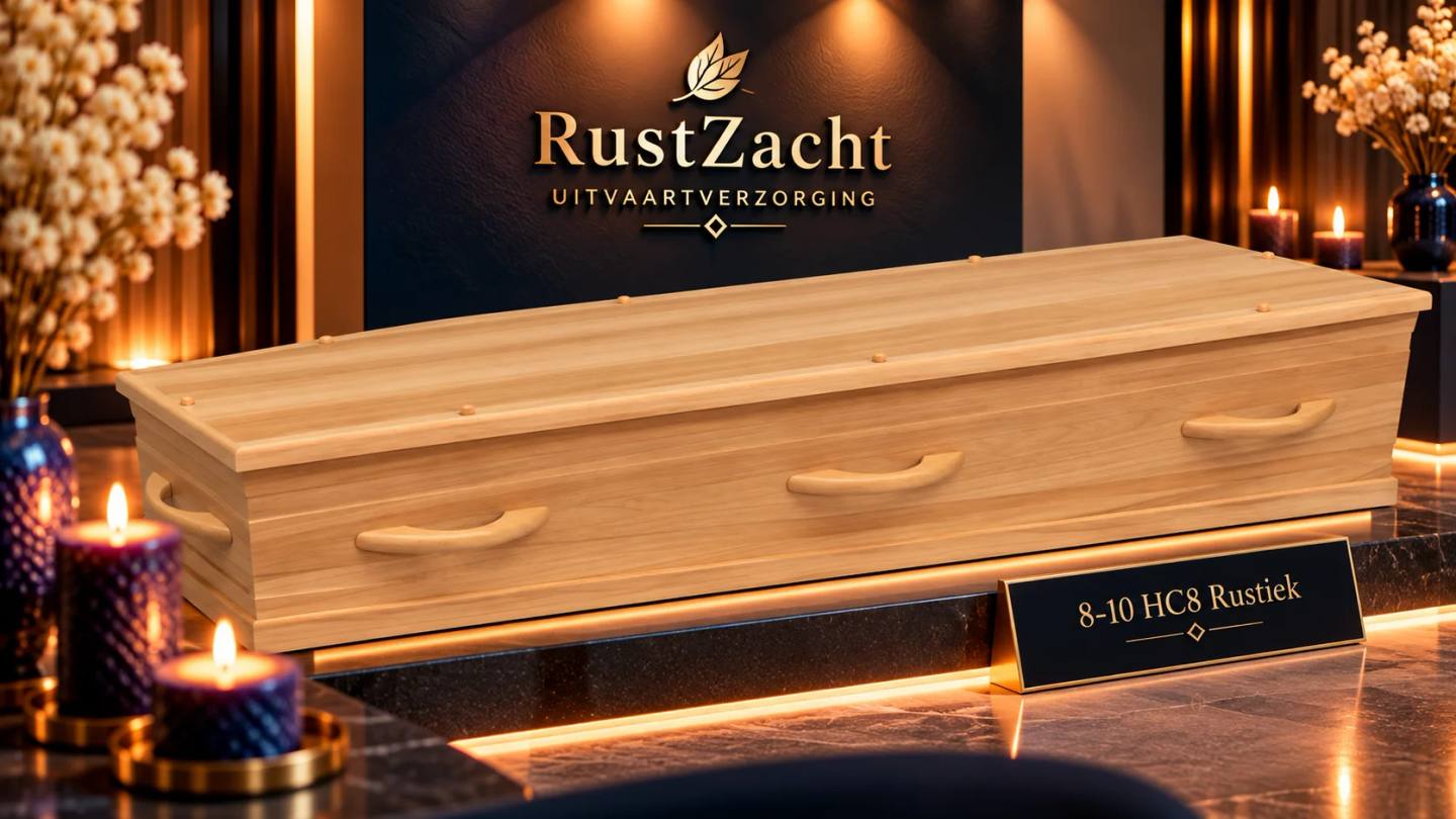 Uitvaartkist van warm getint hout met gebogen houten grepen