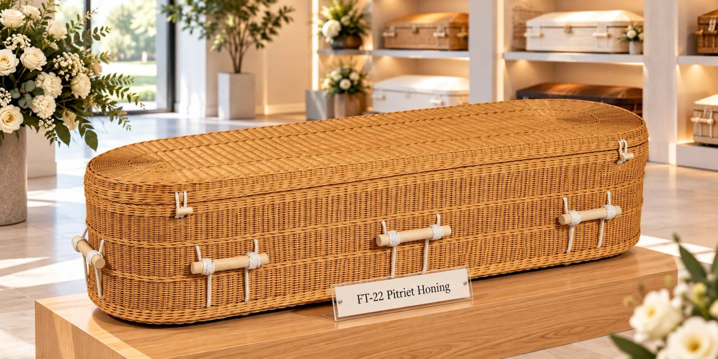 Een uitvaartmand van gevlochten pitriet in honingkleur, ovaal, met houten staafgrepen aan wit touw