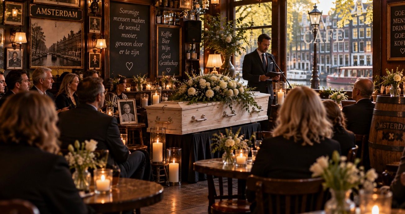 Een afscheid in een Amsterdams bruin café: een lichthouten kist met witte rozen tussen kaarsen en een ingelijste foto, een spreker bij de microfoon, gasten aan cafétafeltjes en door het raam een gracht.
