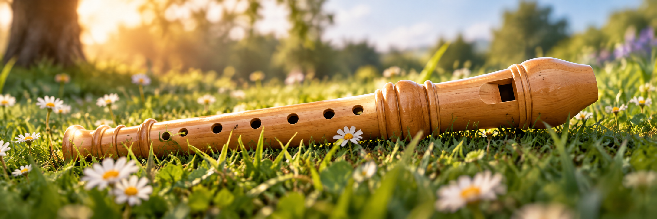 Een houten blokfluit ligt in het gras tussen madeliefjes, in laag zonlicht, met bomen en blauwe lucht onscherp op de achtergrond.