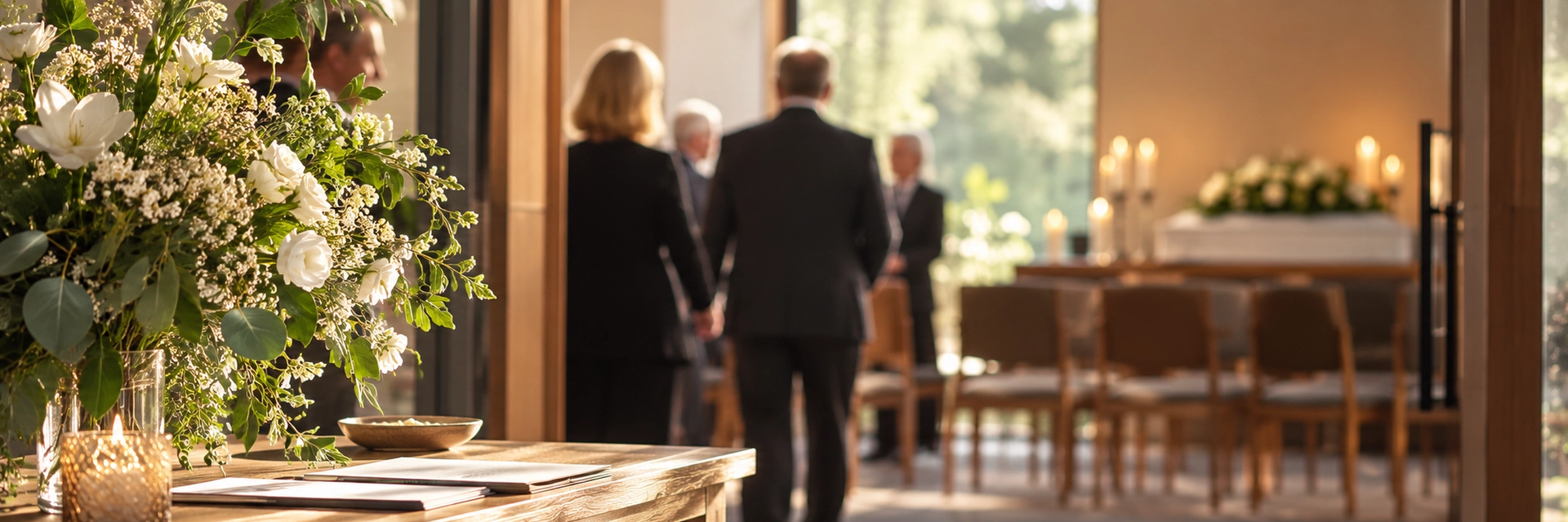 Een man en een vrouw in donkere kleding lopen hand in hand een aula in, met op de voorgrond een houten tafel met witte bloemen, een kaarsje en condoleanceregisters, en achterin een kist met bloemen en kaarsen.