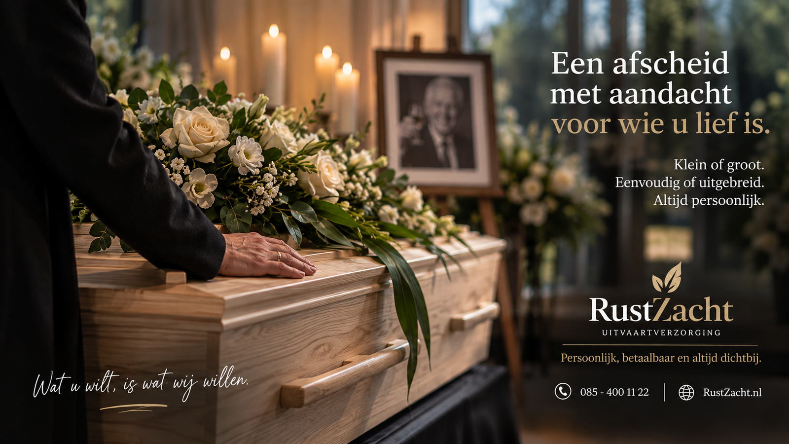 Een hand op een blankhouten kist met witte rozen, met een portret op een ezel en kaarsen. Tekst: "Een afscheid met aandacht voor wie u lief is. Klein of groot. Eenvoudig of uitgebreid. Altijd persoonlijk."