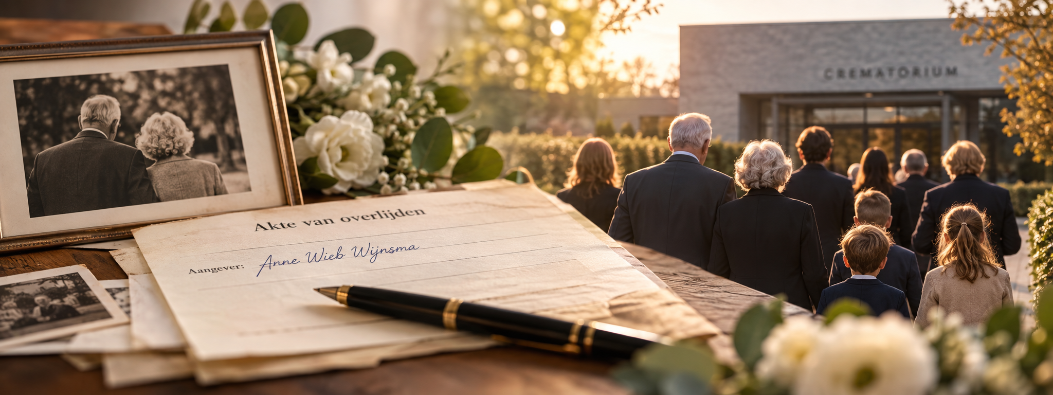 Links op een houten tafel een ingelijste oude foto van een echtpaar, witte bloemen en een akte van overlijden met een vulpen; rechts loopt een familie met kinderen in donkere kleding naar een crematorium, in laag zonlicht.