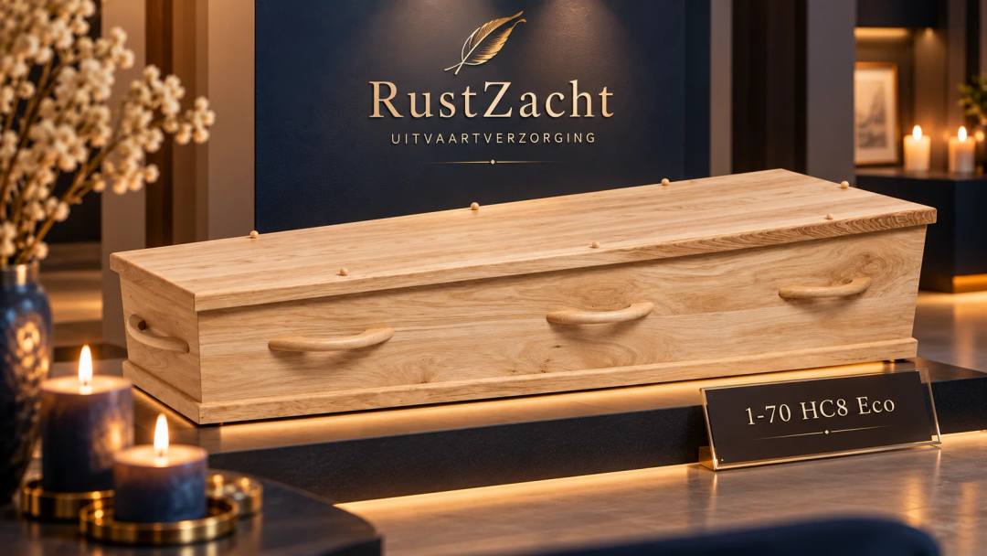 Uitvaartkist van licht eiken met gebogen houten grepen