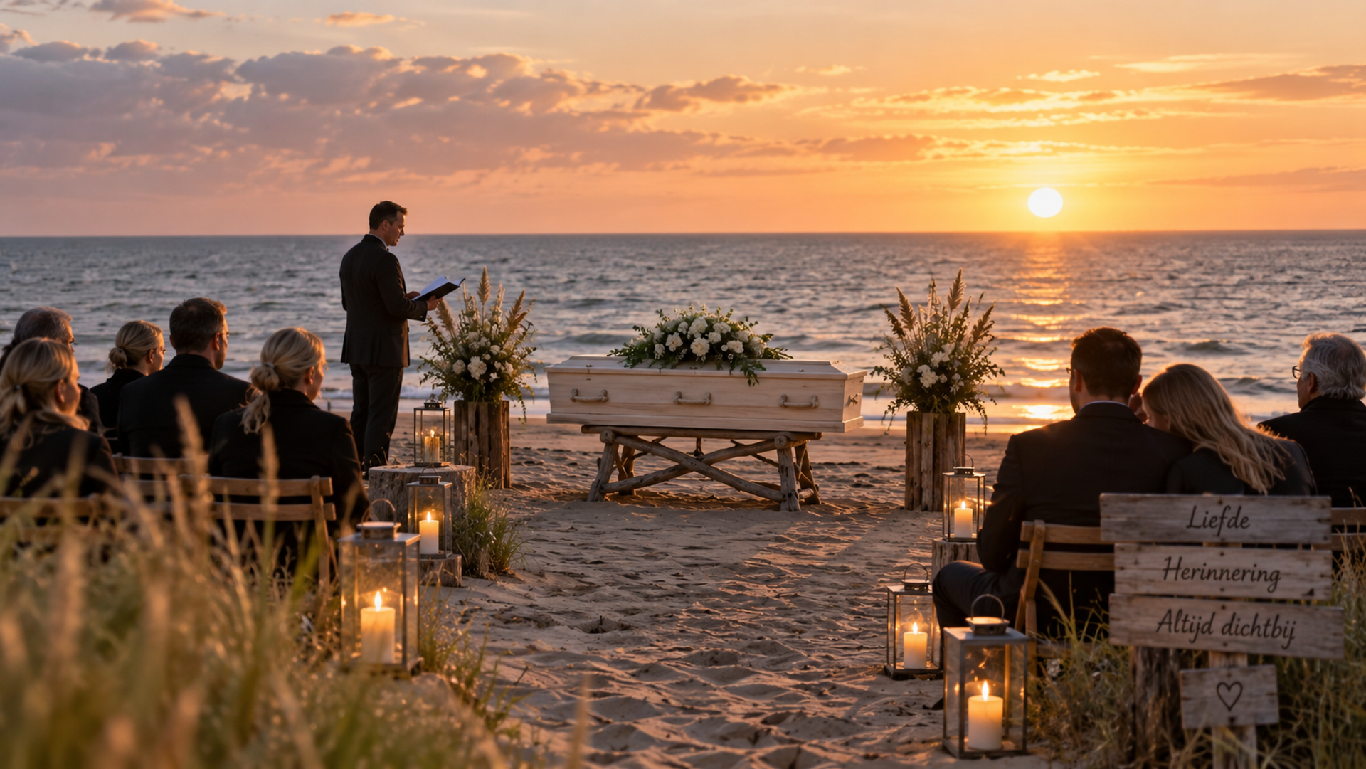 Een afscheid op het strand bij zonsondergang: een lichte kist tussen twee bloemstukken, genodigden op houten stoelen en lantaarns in het zand