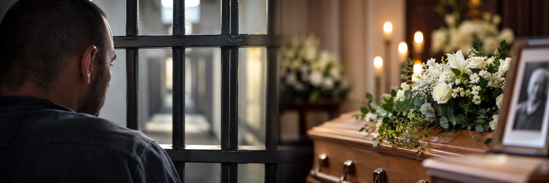 Links een man in een donker overhemd, van achteren gezien, die met gebogen hoofd door de tralies van een celdeur kijkt. Rechts een houten kist met een groot bloemstuk van witte rozen en lelies, brandende kaarsen en een ingelijste zwart-witfoto van een oudere vrouw.