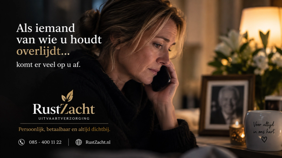 Een vrouw belt in een schemerige kamer, naast haar een foto van een oudere man en een mok met "Voor altijd in ons hart". Tekst: "Als iemand van wie u houdt overlijdt... komt er veel op u af."