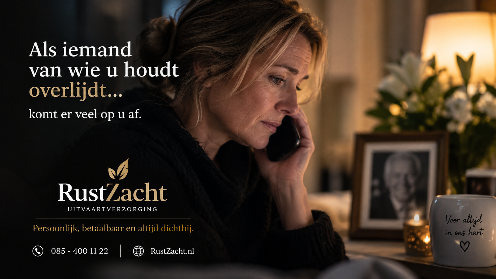 Een vrouw belt in een schemerige kamer, naast haar een foto van een oudere man en een mok met "Voor altijd in ons hart". Tekst: "Als iemand van wie u houdt overlijdt... komt er veel op u af."