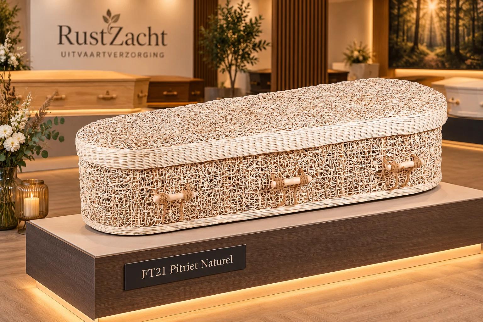 Een ovale uitvaartmand van open gevlochten pitriet in naturel, met een rand van lichter pitriet en houten staafgrepen aan touw, op een sokkel met naambordje