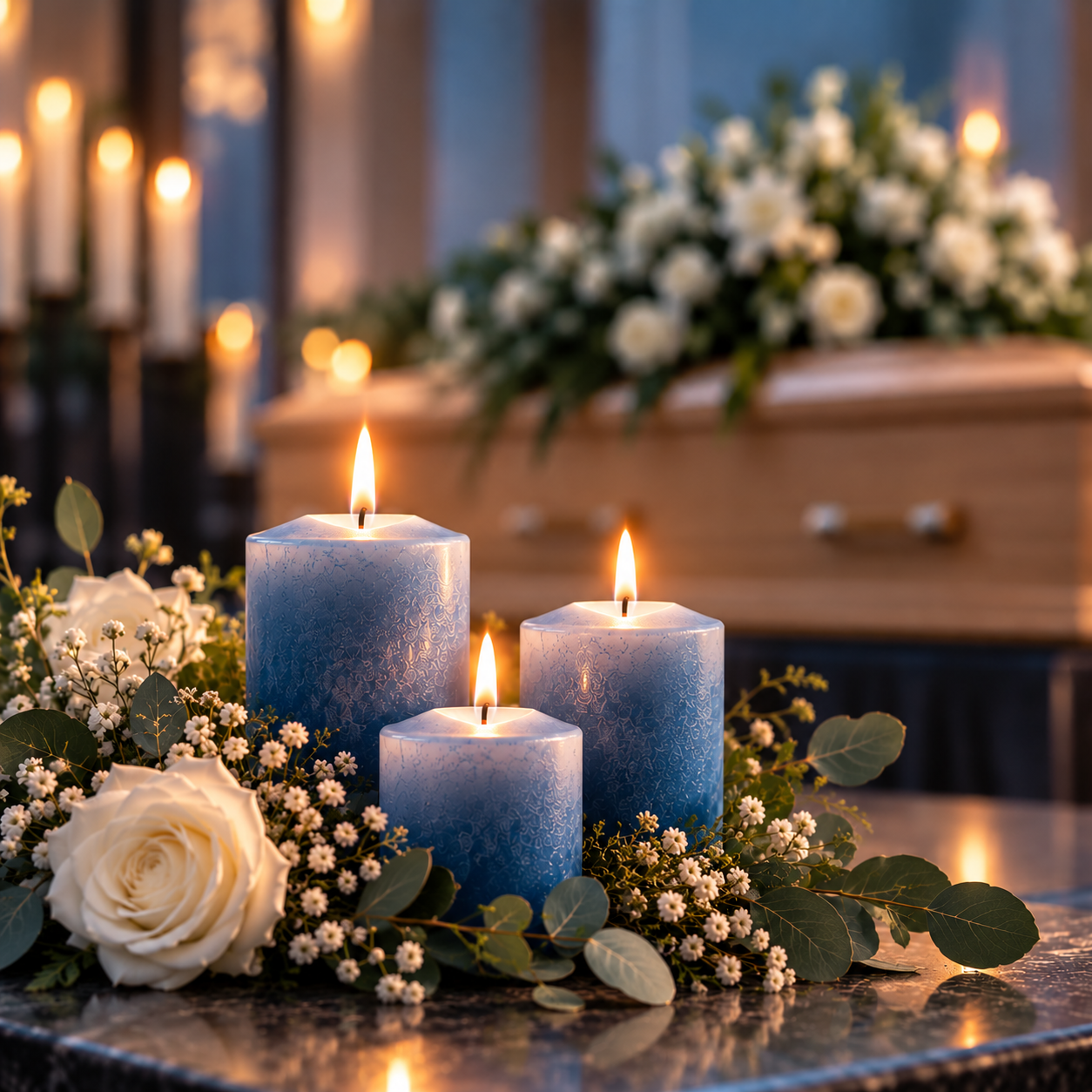 Een crèmekleurige uitvaartkist met witte en roze rozen in een warme kamer