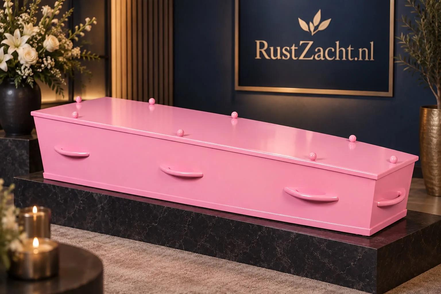 Een roze uitvaartkist met gouden grepen, opgebaard tussen kaarsen