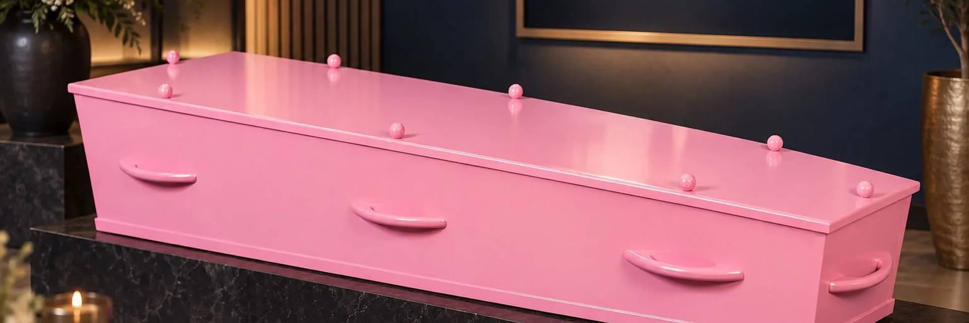 Een roze uitvaartkist met gouden grepen, opgebaard tussen kaarsen