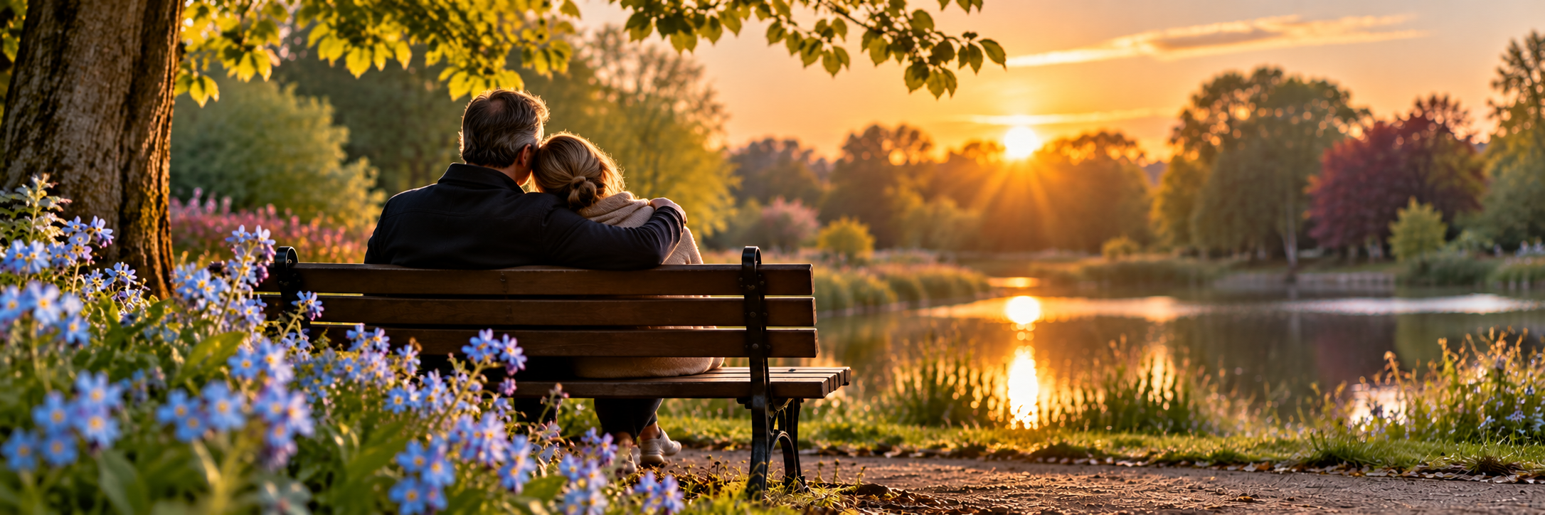 Een man en een vrouw van achteren gezien op een houten bank aan het water; zij leunt met haar hoofd tegen hem, hij heeft een arm om haar heen. De zon staat laag boven de bomen en weerspiegelt in het water, op de voorgrond bloeien vergeet-mij-nietjes.
