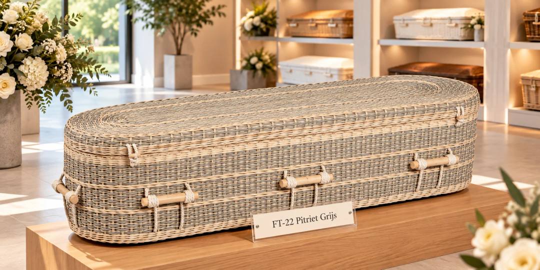 Een uitvaartmand van gevlochten pitriet in grijs met lichte banden, ovaal, met houten staafgrepen aan wit touw