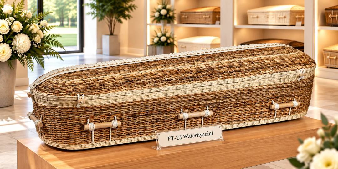 Een uitvaartmand van gevlochten waterhyacint in bruin, rechthoekig met afgeronde hoeken en een lichte gevlochten rand, met houten staafgrepen aan wit touw