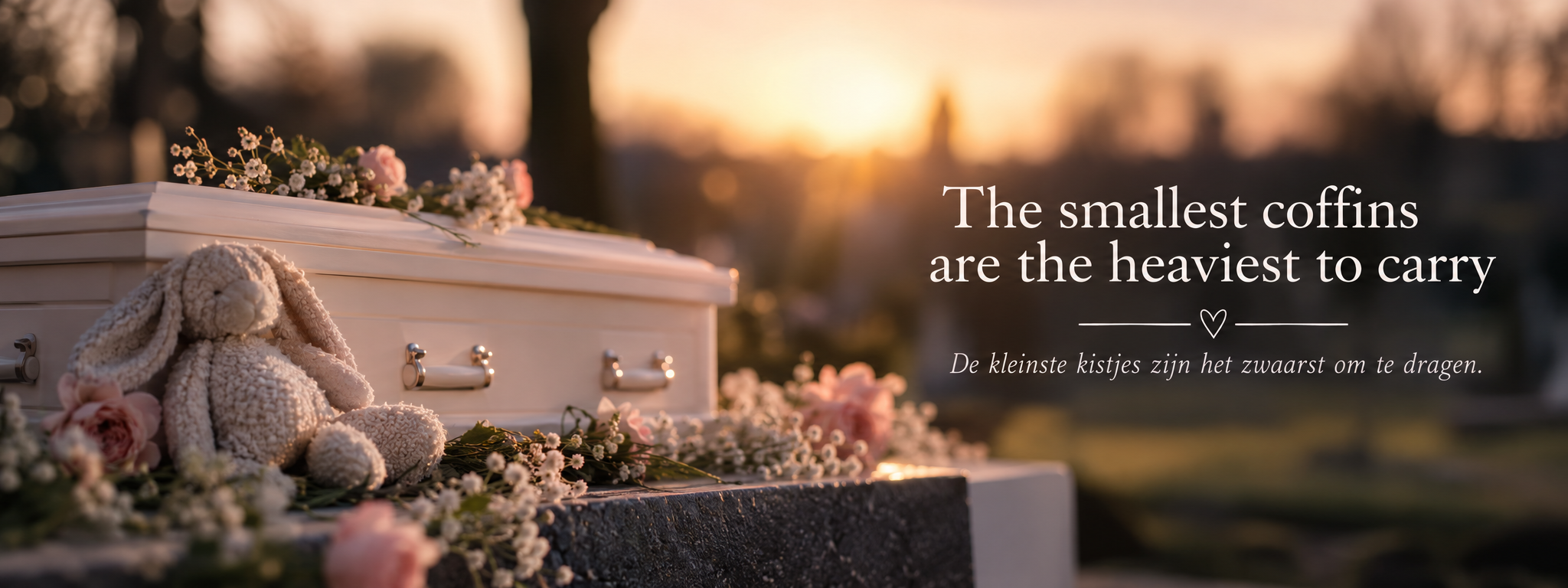 Een klein wit kistje op een stenen sokkel op een begraafplaats bij zonsondergang, met gipskruid en roze rozen en een gebreid knuffelkonijn ertegenaan. Rechts de tekst: The smallest coffins are the heaviest to carry. De kleinste kistjes zijn het zwaarst om te dragen.