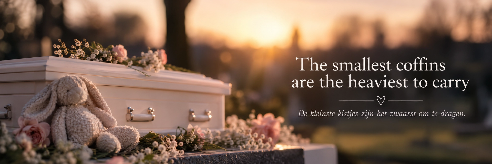 Een klein wit kistje op een stenen sokkel op een begraafplaats bij zonsondergang, met gipskruid en roze rozen en een gebreid knuffelkonijn ertegenaan. Rechts de tekst: The smallest coffins are the heaviest to carry. De kleinste kistjes zijn het zwaarst om te dragen.