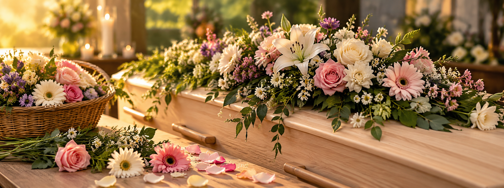 Een lichte houten uitvaartkist met een lang bloemstuk van een witte lelie, roze en witte rozen en roze gerbera’s in warm avondlicht. Links een rieten mand met bloemen, vooraan losse bloemen en rozenblaadjes op een houten tafel.