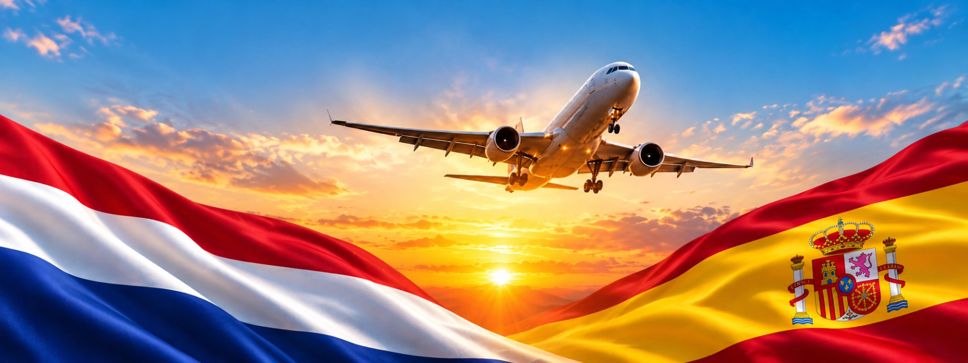 Een vliegtuig bij zonsondergang tussen de vlag van Nederland en de vlag van Spanje
