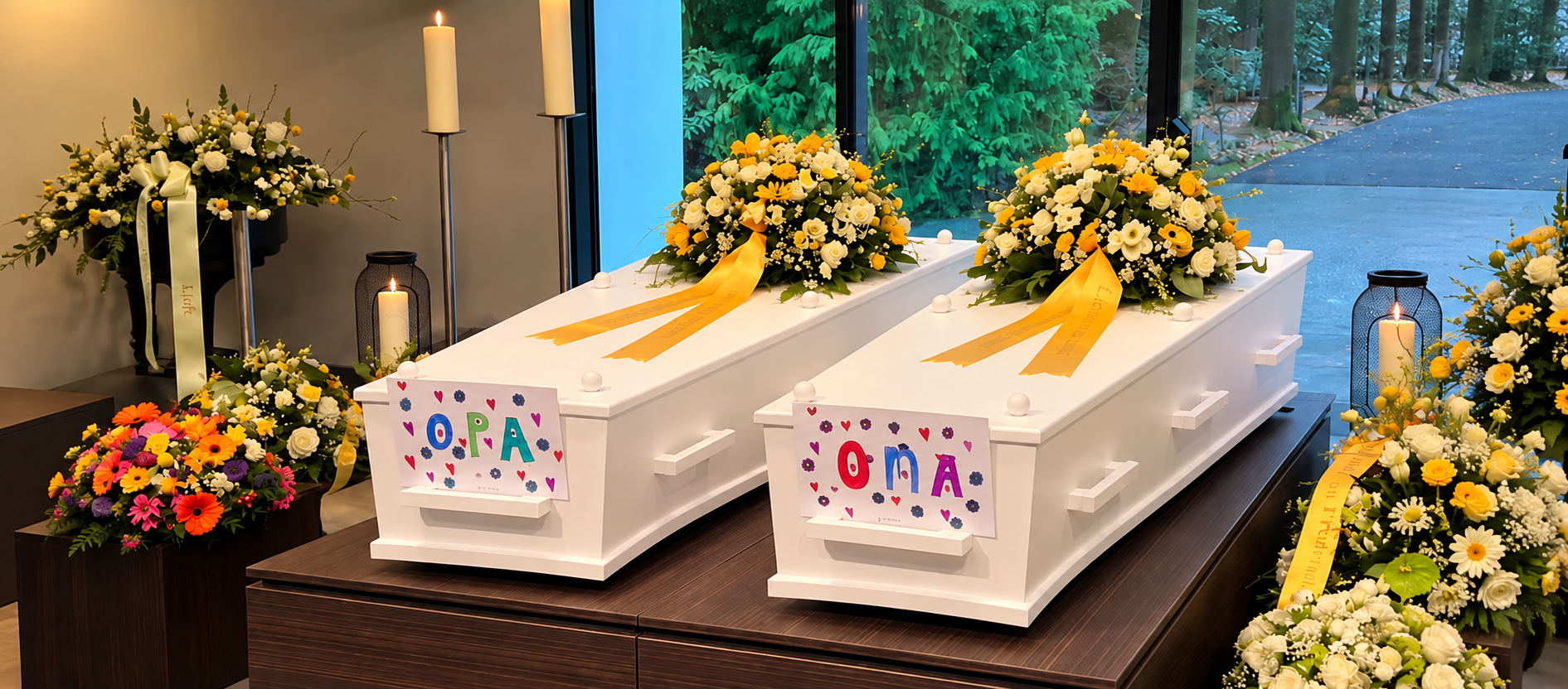 Twee witte uitvaartkisten staan naast elkaar op een donkerhouten verhoging, elk met een bloemstuk van gele en witte bloemen en een geel lint. Op de kisten hangen kindertekeningen met “OPA” en “OMA” in gekleurde letters, met hartjes en bloemetjes. Rondom staan kaarsen en bloemstukken, door het raam zijn bomen en een laan te zien.