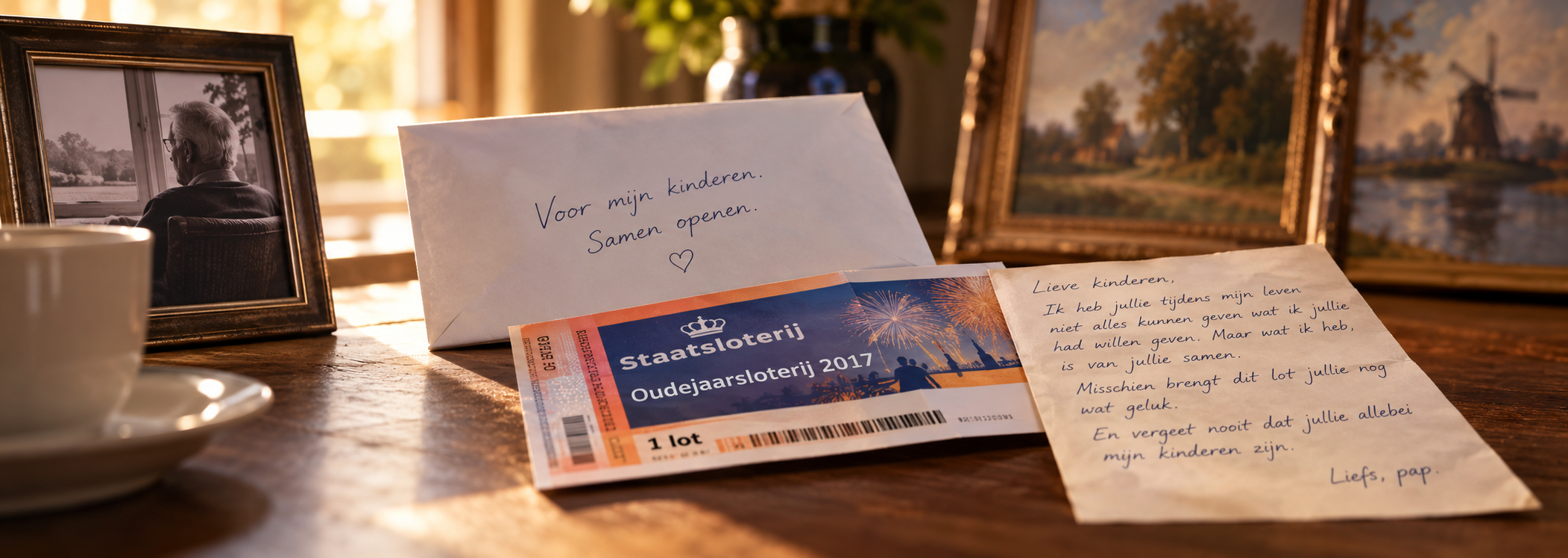 Een houten tafel in warm avondlicht met een witte enveloppe waarop staat: Voor mijn kinderen. Samen openen. Ervoor een lot van de Oudejaarsloterij 2017 en rechts een handgeschreven brief, Lieve kinderen, ondertekend met Liefs, pap. Links een kop koffie en een fotolijstje met een oudere man bij het raam, op de achtergrond twee schilderijen in gouden lijsten.