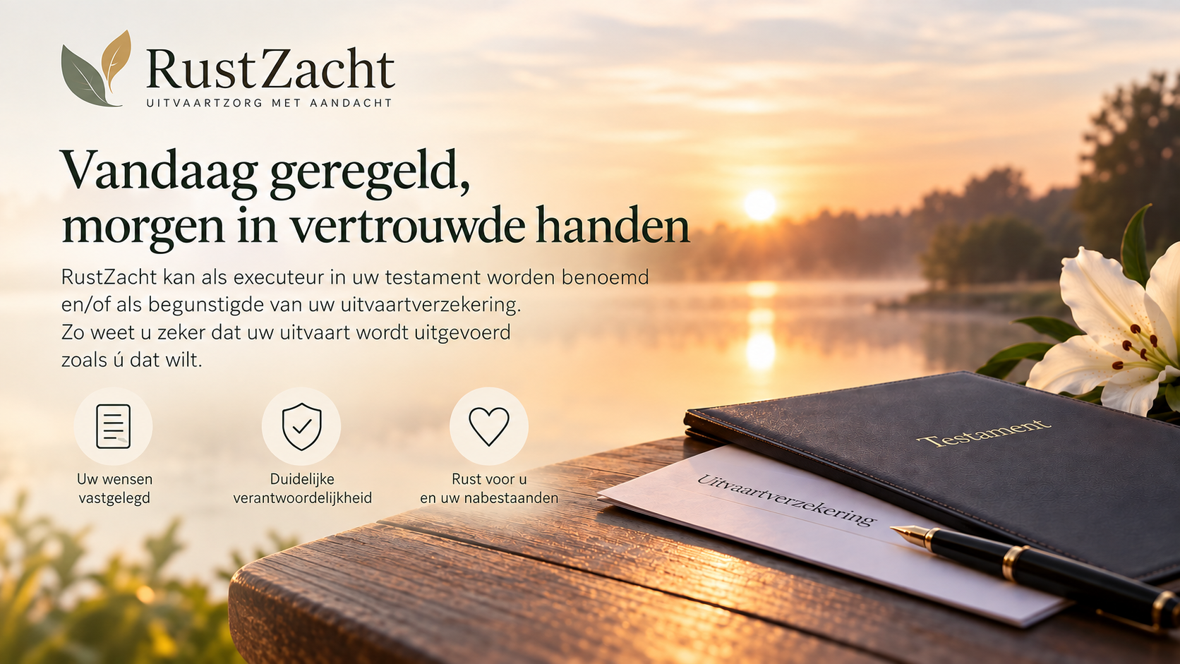 Poster van RustZacht met de kop "Vandaag geregeld, morgen in vertrouwde handen", naast een houten tafel aan een meer bij zonsopkomst met een map "Testament", een envelop "Uitvaartverzekering", een vulpen en een witte lelie