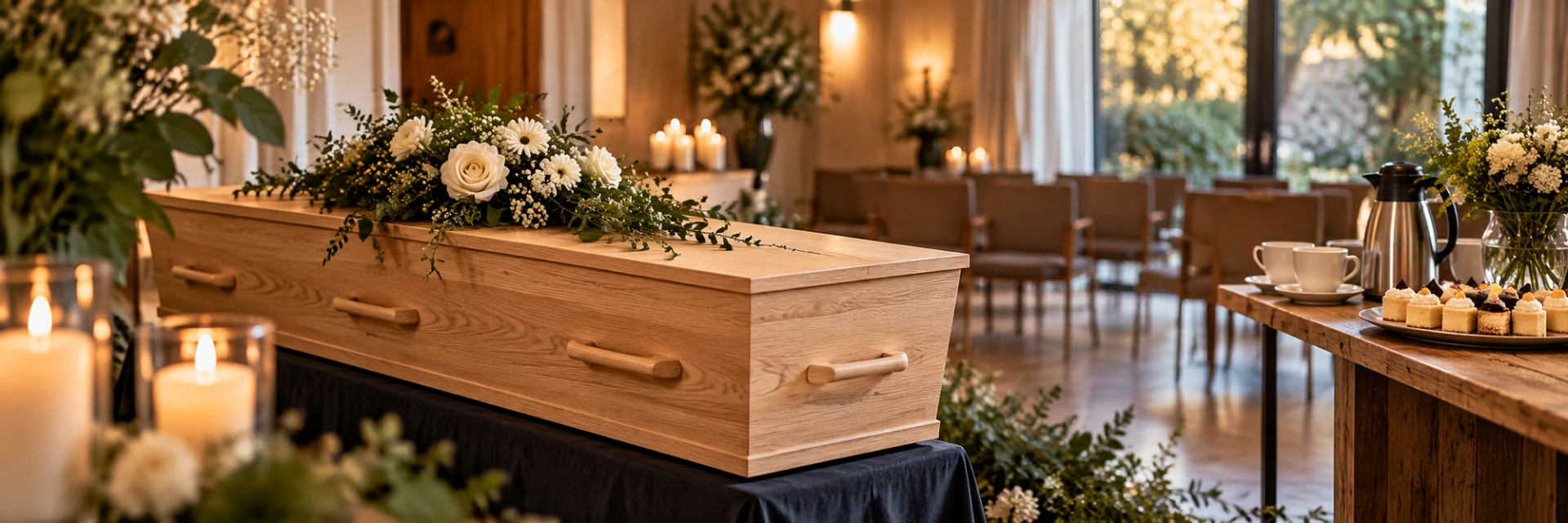 Een lichte eikenhouten uitvaartkist met witte rozen en groen, kaarsen ervoor, en rechts een tafel met koffie en petitfours.