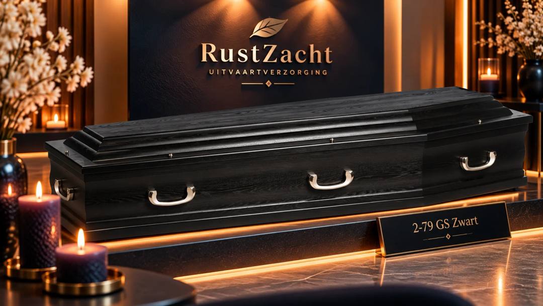 Zwarte uitvaartkist met een getrapt deksel en zilverkleurige grepen