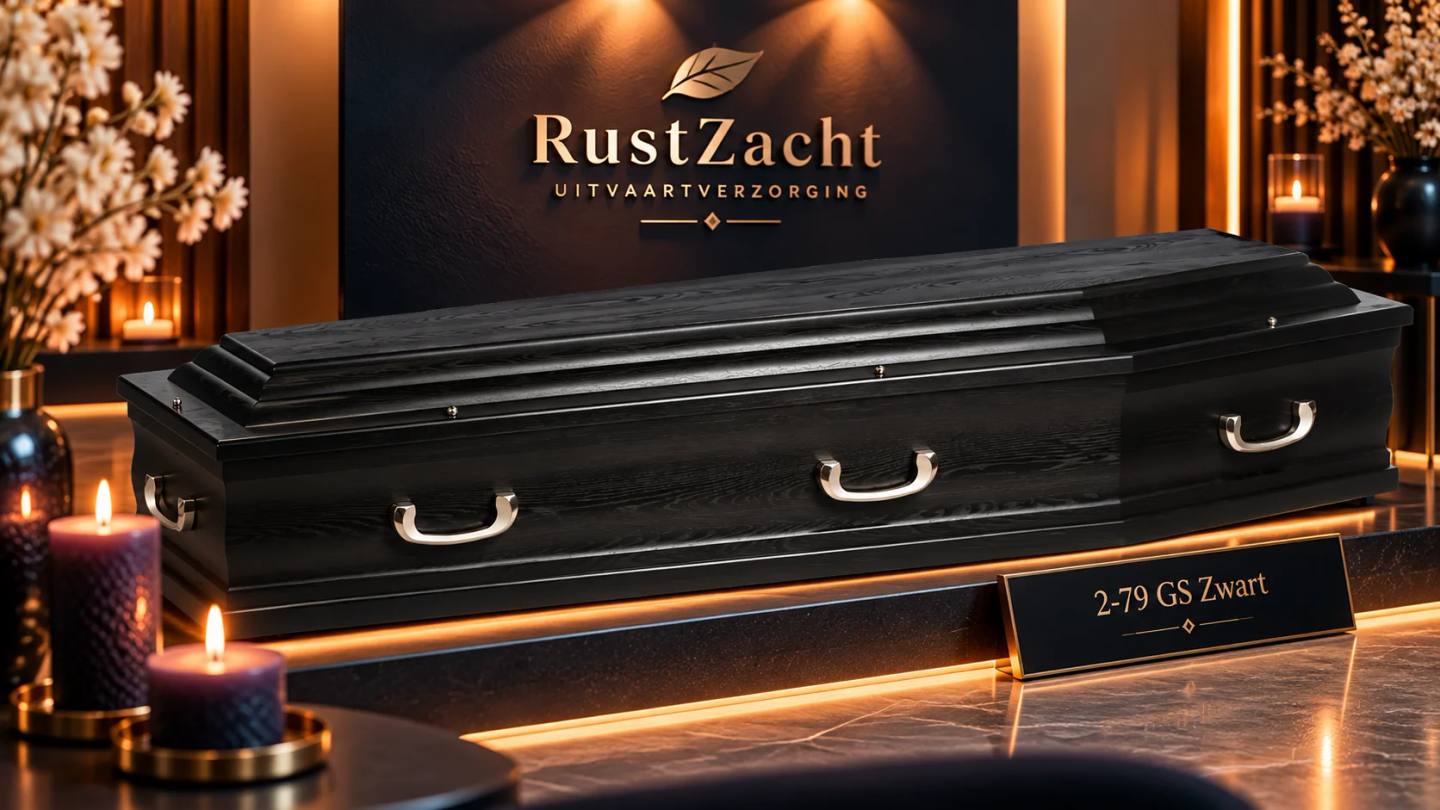 Zwarte uitvaartkist met een getrapt deksel en zilverkleurige grepen