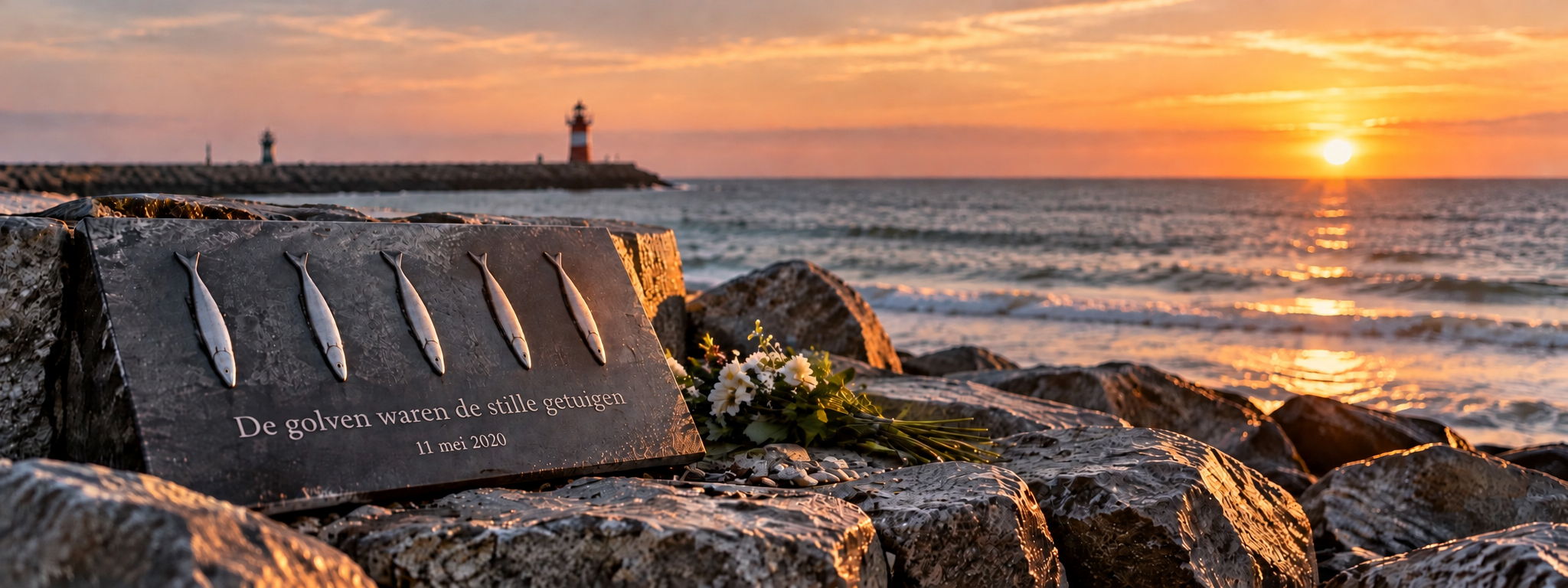 Een donkere stenen gedenkplaat met vijf zilveren vissen en de tekst “De golven waren de stille getuigen, 11 mei 2020” ligt op de stenen van een havenhoofd, met een bos witte bloemen ernaast. Daarachter de zee bij zonsondergang en een rood-witte vuurtoren op de pier.