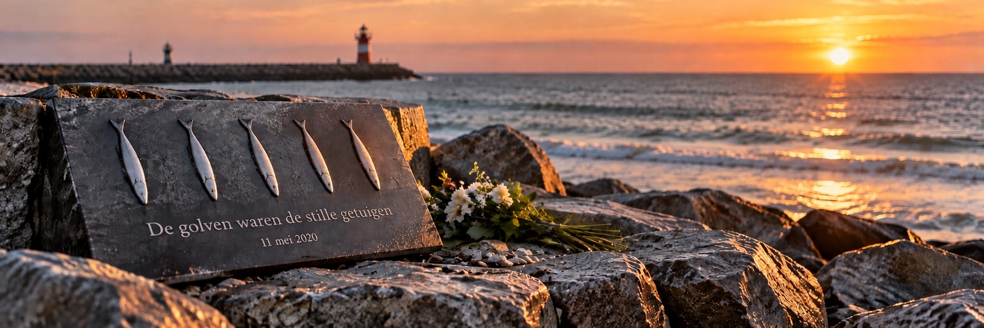Een donkere stenen gedenkplaat met vijf zilveren vissen en de tekst “De golven waren de stille getuigen, 11 mei 2020” ligt op de stenen van een havenhoofd, met een bos witte bloemen ernaast. Daarachter de zee bij zonsondergang en een rood-witte vuurtoren op de pier.