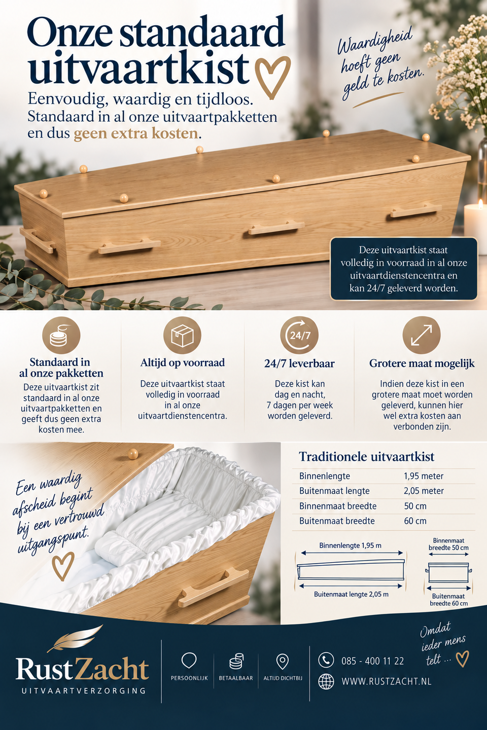 Poster van de standaard uitvaartkist: een eikenhouten kist met houten grepen, de binnenkant met wit satijn en een tabel met de maten, 1,95 meter binnenlengte en 50 centimeter binnenbreedte